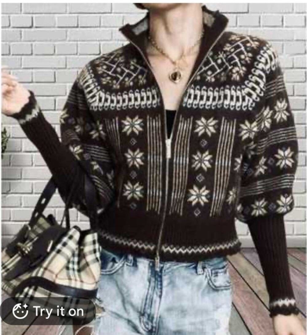 House of Harlow 1960 Womens S Fair Isle Zip Up Sweater Brown Gold Zipper Nordic